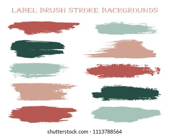 Funky label brush stroke backgrounds, paint or ink smudges vector for tags and stamps design. Painted label backgrounds patch. Interior colors guide book samples. Ink smudges, stains, dark spots.