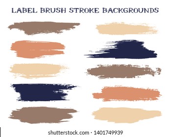 Funky label brush stroke backgrounds, paint or ink smudges vector for tags and stamps design. Painted label backgrounds patch. Interior colors guide book elements. Ink dabs, pink brown splashes.