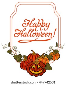 Funky label with Halloween pumpkin and text "Happy Halloween!" Original design element for greeting cards, invitations, prints. Vector clip art.