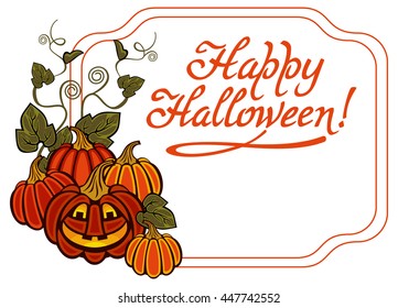 Funky label with Halloween pumpkin and text "Happy Halloween!" Original design element for greeting cards, invitations, prints. Vector clip art.