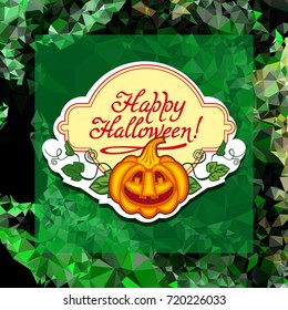 Funky label with Halloween pumpkin and text "Happy Halloween!" Original design element for greeting cards, invitations, prints. Vector clip art.