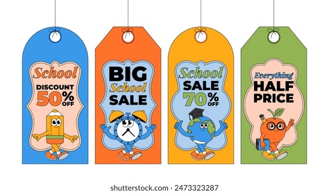 Funky label, tag set with retro groovy characters. Back to school and education concept. Contemporary vector illustration