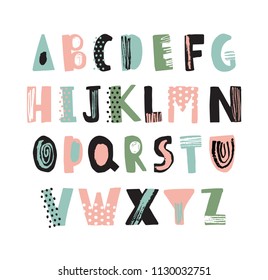 Funky latin font or childish english alphabet hand drawn on white background. Colorful textured letters decorated with dots and scribble and arranged in alphabetical order. Vector illustration