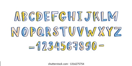 Funky latin font or childish english alphabet decorated with paint stains and dots. Colorful letters arranged in alphabetical order and numbers isolated on white background. Vector illustration.