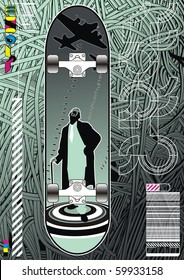 Funky layout featuring a skateboard design on a wire background.