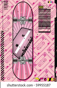 Funky layout featuring a skateboard design on a tape cassette background.