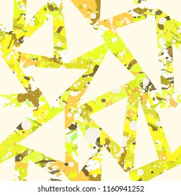 Funky light yellow splatter paint seamless pattern, abstract vector background. Colorful design wallpaper for textile, fabric, wrapping paper. White triangles overlay.