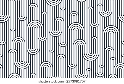 Funky lines seamless pattern, vector abstract geometric background with parallel and curvy lines, Asian style tiling wallpaper.