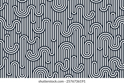 Funky lines seamless pattern, vector abstract geometric background with parallel and curvy lines, Asian style tiling wallpaper.