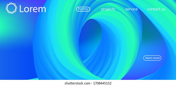  Banner Funky Liquid Flow. Página de aterrizaje, Azul, Fondo Púrpura. Superposición del degradado vibrante geométrico. Diseño de sitio web en color neón. Fondo del vector Lucid 3d.Ola de moda dinámica.