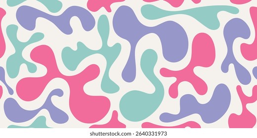 Funky liquid shapes seamless pattern- abstract colorful blobs, drops and splashes forms in psychedelic 60s style on groovy background. Wavy trippy pastel curves, fluid retro design texture. vector eps