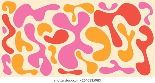 Funky liquid shapes seamless pattern- abstract colorful blobs, drops and splashes forms in psychedelic 60s style on groovy background. Wavy trippy pastel curves, fluid retro design texture. vector eps