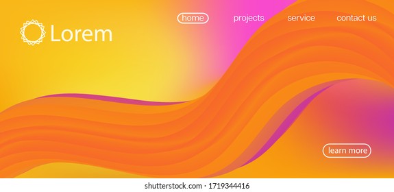Funky Liquid Wave Banner. Landing Page, Orange, Pink Background. 3d Fluid Vivid Vector Background. Neon Color Website Layout. Futuristic Lucid Gradient Wallpaper. Dynamic Movement Modern Wave.