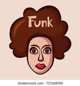 Funky logo with woman. Funk music. Cartoon vector illustration