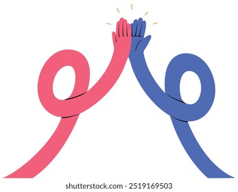 Funky long hands giving high five, multicultural gesture of teamwork and succession. Hand drawn vector illustration in flat design