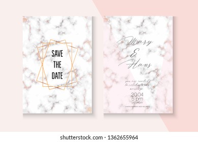 Funky Marble Rose Gold Wedding Invitation. Minimal Foil Cover. Geometric Border Set. Cosmetics, Christmas, Music Party Vector Layout. Rose Gold Marble Texture Wedding Invitation Background