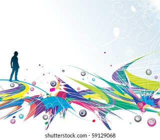 funky men enjoy with flowing waves of color background. Vector illustration.