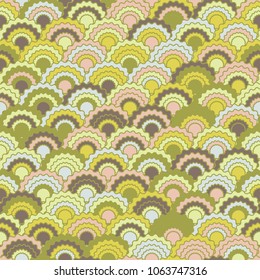 Funky mermaid scales squama background, vector seamless fabric pattern, tiled textile print. Traditional chinese squama scales seamless arc tiles ornament. Roof pattern.
