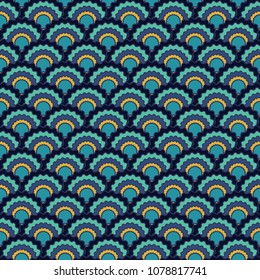 Funky mermaid scales squama background, vector seamless fabric pattern, tiled textile print. Classic chinese squama scales seamless arc tiles graphics. Wallpaper pattern.