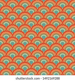 Funky mermaid scales squama background, vector seamless fabric pattern, tiled textile print. Traditional chinese squama scales seamless arc tiles ornament. Wallpaper pattern.