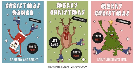 Funky Merry Christmas greeting Card Covers set in trendy Cartoon style. Cute Collection XMAS Posters design with Weird Groovy santa, reindeer  Christmas tree. Retro Vector illustration. 