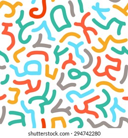 Funky Modern Art Seamless Pattern. Mix of Colorful Curves on White. Textile Design Sample
