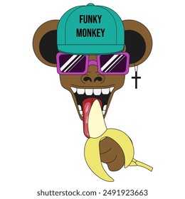 Funky Monkey and banana isolated white. Crazy art in trendy Groovy style. Retro flat vector illustration can used zoo poster, social media avatar. EPS 10