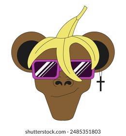 Funky Monkey with banana peel on the head. Funny design with cute confused african animal isolated white. Humor design t-shirt print, postcard, poster cover print template. Vector illustration.  EPS10