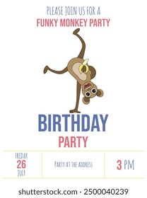Diseño de Plantilla de volante de invitación de fiesta de cumpleaños de mono funky. Mono de estilo plano aislado de fondo blanco. La Ilustración vectorial puede utilizar la impresión de la cubierta de la postal. EPS 10