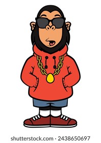 Funky Monkey cartoon characters wearing sunglasses, gold chain necklace, hoodie jacket, jeans shorts, and sneakers. Best for mascot, logo, and sticker for streetwear shop