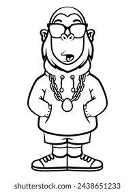 Funky Monkey personajes de dibujos animados con gafas de sol, collar de cadena de oro, chaqueta con capucha, pantalones cortos de jeans y zapatillas. Mejor para el contorno, logotipo y etiqueta engomada para la tienda de ropa callejera