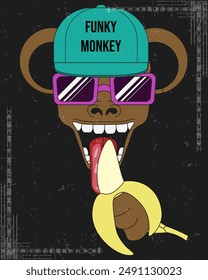 Funky Monkey poster with trendy Grainy noise texture. Modern trippy art with animal in retro grunge Groovy style. Simple flat vector aesthetic can used social media, zoo banner, t-shirt print. EPS 10