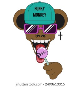 Funky Monkey in trendy Groovy style with lollipop isolated white. Flat vector aesthetic can used web social media design. Template punk pop art with animal. EPS 10