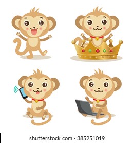 Funky Monkey Vector Animal Illustration Set. Cute Monkey Pictures: Gold Crown, Cellphone, Laptop, Dancing. Humor And Friendship Birthday Image. Funky Monkey Baby. 