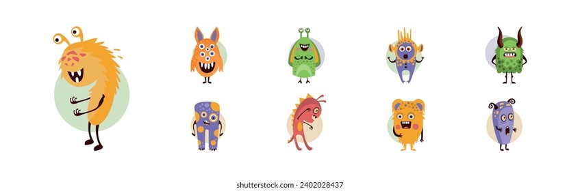 Funky Monster Character with Happy Face Vector Set