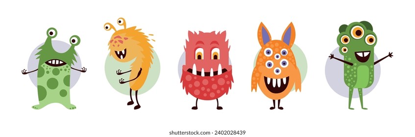 Funky Monster Character with Happy Face Vector Set