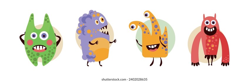 Funky Monster Character with Happy Face Vector Set