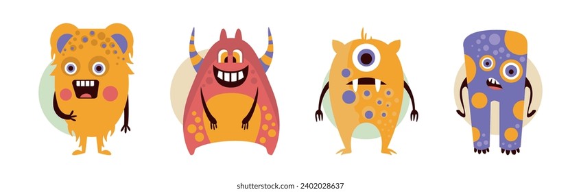 Funky Monster Character with Happy Face Vector Set