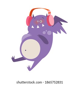Funky Monster with Wings and Horns Sitting with Headphones and Listening to Music Vector Illustration