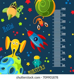 Funky monsters with a rockets and planets in space. Stadiometer vector illustration