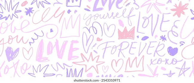 Funky multi colored romantic seamless banner design with crayon drawn love phrases, hearts, crowns and stars. Hand drawn wrapping paper design. Seamless pattern with doodle kid's drawing.