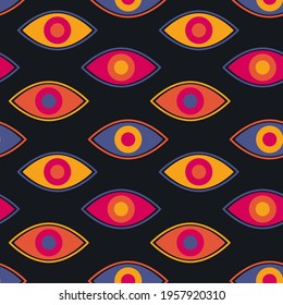Funky multicolored evil eye seamless pattern vector art.