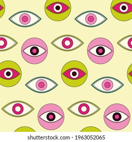 Funky multicolored evil eye seamless pattern vector art.