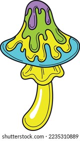 Funky mushroom. Neon trippy sticker. Magic forest isolated on white background