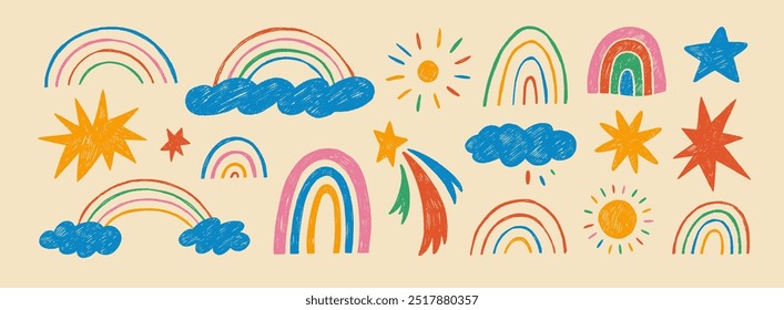 Funky naive doodle clouds, rainbows and star in colorful kid's style. Crayon drawn doodle shapes and figures for childish collages. Hand drawn naive, bizarre abstract sticker shapes and forms.