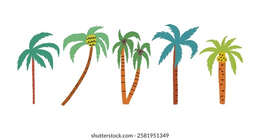 Funky Naive Palm Tree Cartoon Set. Tropical Coconut Plant Graphic Collection. Flat Vector Illustration