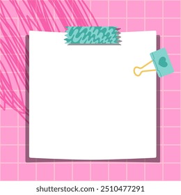 Tarjetas de nota funky en un fondo a cuadros rosa. Lindas Plantillas para notas de papel. Espacios en blanco para mensajes. Notas en papel. Notas adhesivas para recordatorios, notas y planificadores. Perfecto para el regreso a la escuela.