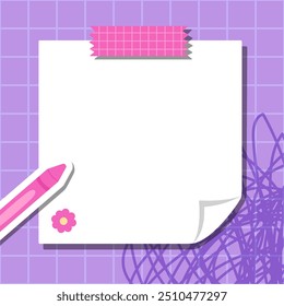 Tarjetas de nota funky en un fondo a cuadros púrpura. Lindas Plantillas para notas de papel. Espacios en blanco para mensajes. Notas en papel. Notas adhesivas para recordatorios, notas y planificadores. Perfecto para el regreso a la escuela.