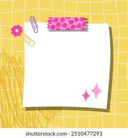Cartões de notas funky em um fundo quadriculado amarelo. Modelos bonitos para notas de papel. Espaços em branco para mensagens. Notas em papel. Notas adesivas para lembretes, memorandos e planejadores. Perfeito para voltar à escola.