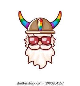 Funky old gay with beard, summer sunglasses, and funny hat with LGBT rainbow horns isolated on white background. Gay pride icon, symbol or homosexual graphic label for printing on tee